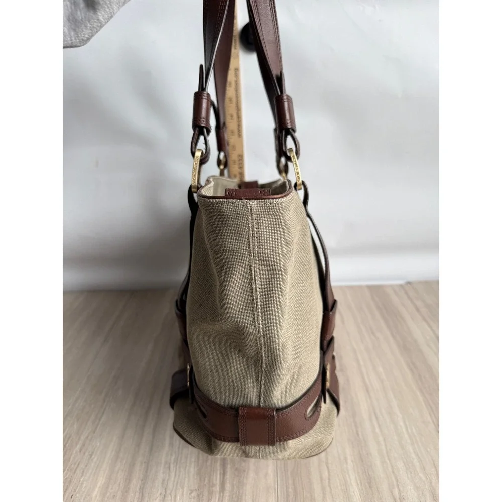 Vintage Michael Kors Canvas Leather Harness Tote Bag Beige Brown Boho Equestrian - Picture 4 of 12